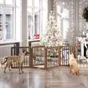 Vantas Folding Pet Gate 96" Wide, 30" Tall No-Assembly Wooden Dog Gate with Door Walk Through, Freestanding Puppy Safety Fence, with 2PCS Support - Brown