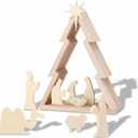 10 Pcs Nativity Scene Set 12.8 Inch Rustic Wooden Christmas Tree Tabletop Decor Rustic Nativity Scene with Miniature Holy Family Figurines for Indoor Jesus Religious Home Christian Gifts