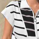 Fiesow Womens Summer Cap Sleeve Half Zip Striped Cropped T Shirts Casual Color Block Collared V Neck Loose Pullover Tops (Medium)