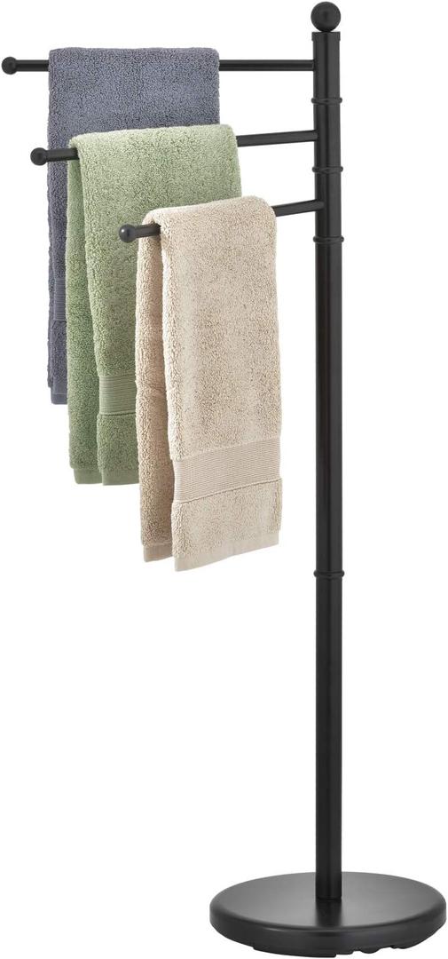 MyGift 40 Inch Freestanding Matte Black Towel Rack for Bathroom with 3 Swivel Bar Arms, Hanging Towel Holder Drying Rack