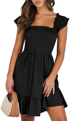 ANRABESS Women's Summer Casual Sleeveless Square Neck Dress 2025 Smocked Ruffle Backless Boho Beach Cute Teen Short Sundress Size S