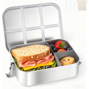 Bento Box for Kids, 1.5L/50oz Stainless Steel Snack Containers with 3 Compartments, Lockable Clip Kids Lunch Box, Eco-Friendly, Leak-proof, Dishwasher-Safe for Home, School, Travel