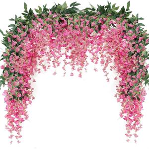 JUSTOYOU 3PCS 7FT 12 Stem Artificial Wisteria Vine Garland Fake Flower Wisteria Garlands for Outdoor Indoor Wedding Wall Bedroom Decoration(Fuchsia)