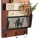 Farmhouse Mail Organizer Wall Mounted Rustic Mail Holder Hanging Key Sorter with 3 Hooks Indoor Wooden Wall Mounted, Letter, Magazines, Newspapers, Keys(Dark Brown)