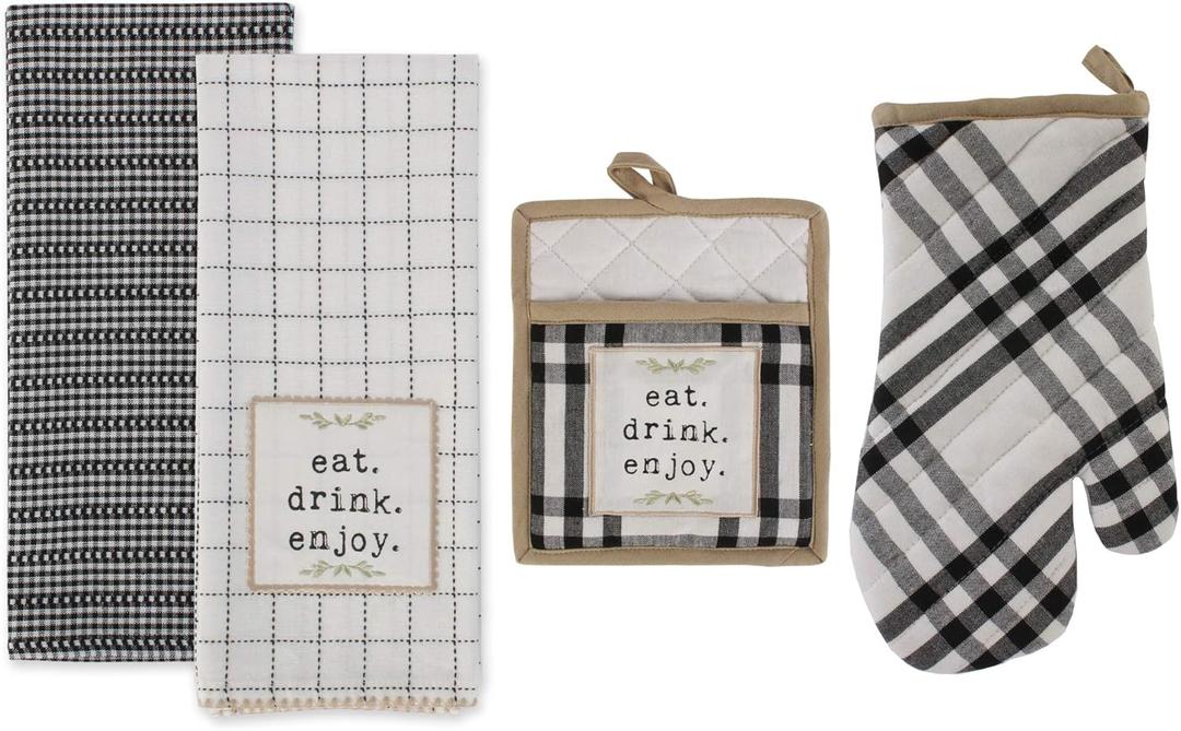 DII Home Sweet Farmhouse Kitchen Collection, Potholder/Oven Mitt/Dishtowel Set, Black, 4 Count