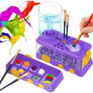 Paint Brush Cleaner with Paint Tray, Upgraded Cartoon Painting Supplies with Drain and Brush Holder, Water Circulation Paint Brush Cleaner Tool for Acrylic, Watercolor, Water-Based Paints (A1-purple)