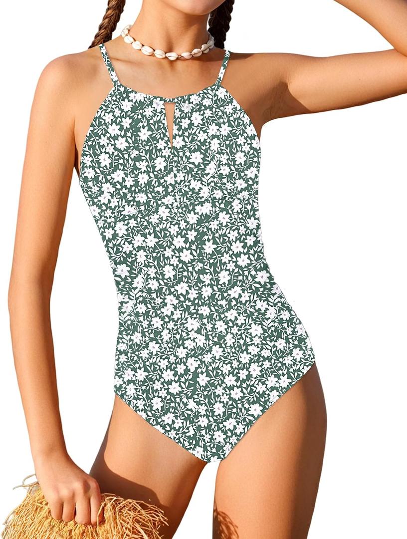 Girls Swimsuit One Piece Girls Bathing Suit Adjustable Straps Solid Modest Ruched Full Coverage Padded Swimwear (11-12 Years, Floral Green)