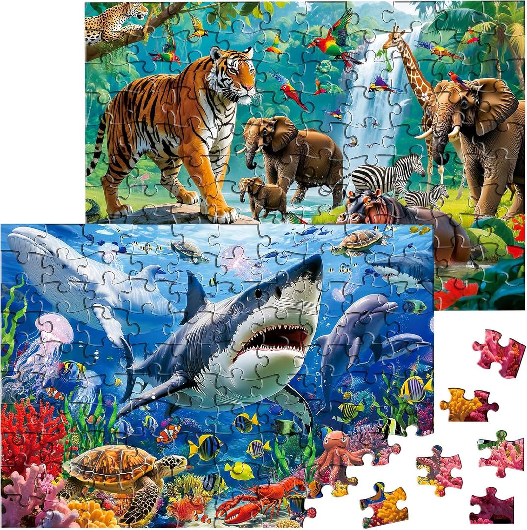 Puzzles for Kids Ages 4-6, 2 x 100 Pieces Jigsaw Puzzles for Kids Ages 3 4 5 6, Forest Animals and Underwater Ocean Puzzle Learning & Educational Games Birthday Xmas Gift for Boys Girls Toddlers 3-8