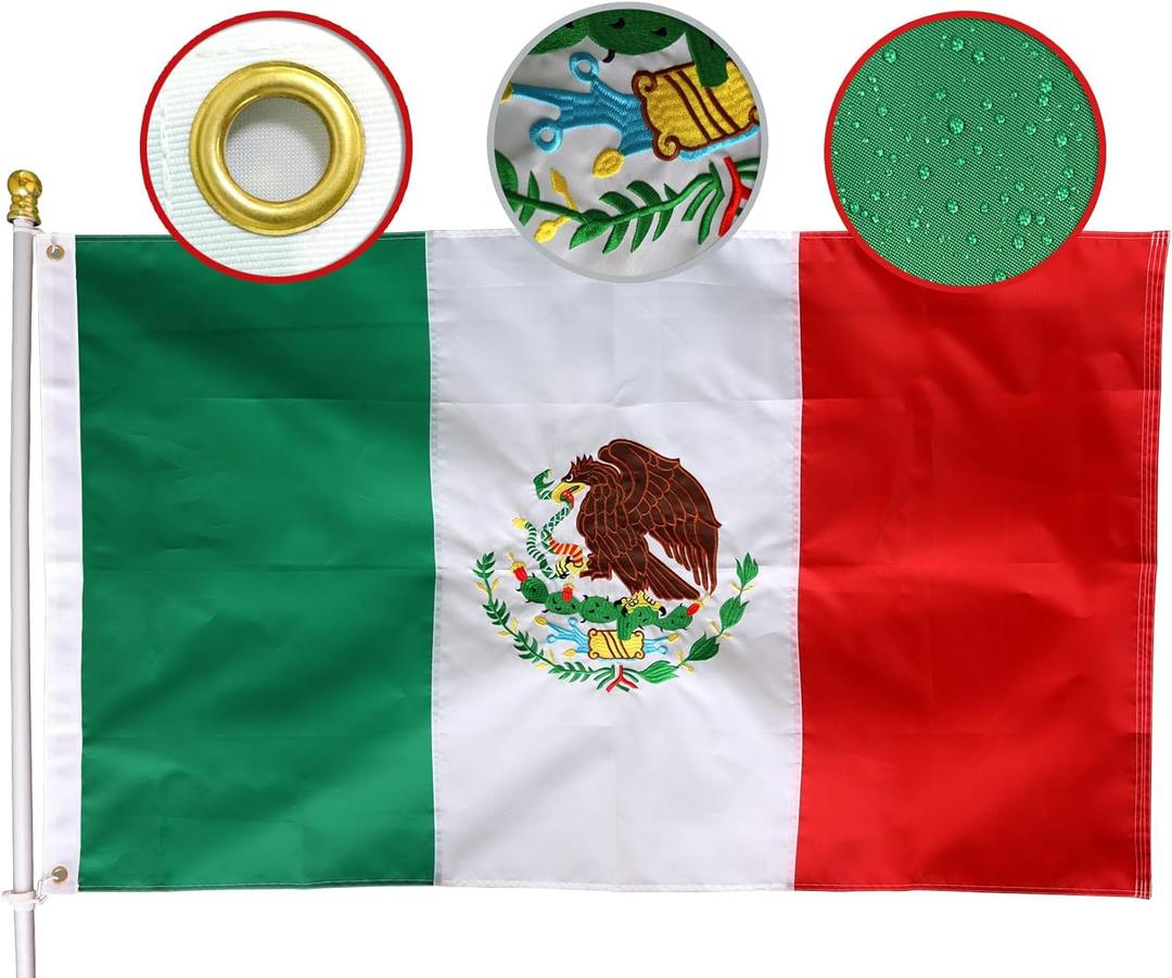 MIDLE Double Sides Mexico Flag 3x5 Ft Large Outdoor - Embroidered Mexican coat of arms Flags |Quadruple Stitched Fly Ends| House Decoration Banner