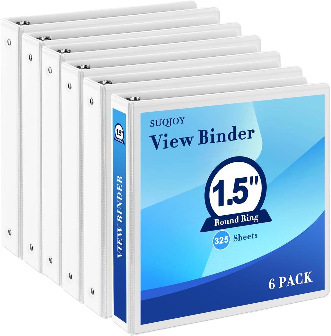 SUQJOY 1.5-Inch 3-Ring Binder with Pockets, 1-1/2 Clear View Binders,PVC Free, White Binder Holds up to 325 Sheets US Letter Size, Perfect for School,Office and Home(6 Pack)