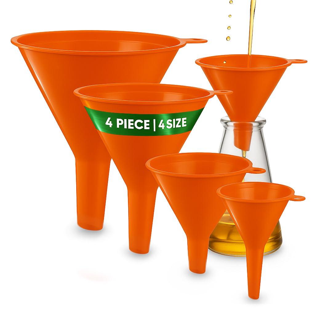 Oil Funnel Set (Orange, 4-Pack) Plastic Funnels for Automotive Use Funnels for Kitchen Use Filling Bottles and containers Funnel for Water Bottles, Gas, Car Oil, Lubricants and Fluids