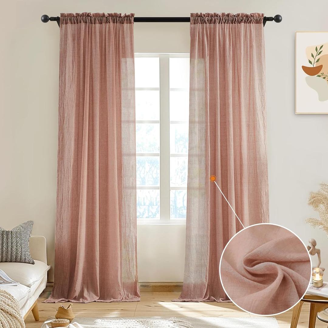 Melodieux Blush Pink Sheer Curtains 72 Inches Long for Bedroom, Natural Light Filtering Cotton Linen Window Sheer Drapes, Living Room Rod Pocket Farmhouse Voile Curtains, 52" W x 72" L, 2 Panels