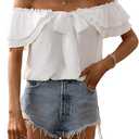 SweatyRocks Women's Off Shoulder Ruffle Trim Knot Front Blouse Tiered Layer Butterfly Short Sleeve Chiffon Tops Summer S