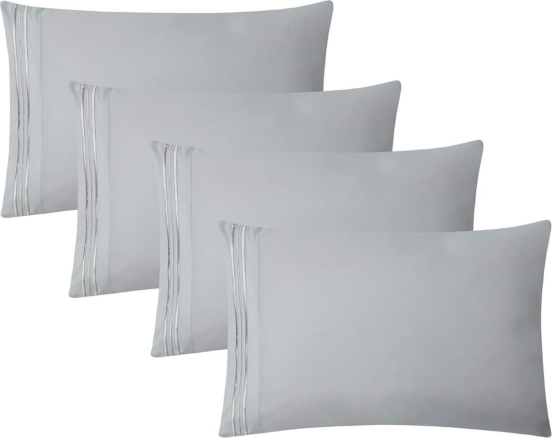 Clara Clark Pillow Cases Queen - Ultra Soft Pillow Cover, Lightweight Microfiber Pillow Cases Set of 4 - Envelope Closure Pillowcases, Silver.
