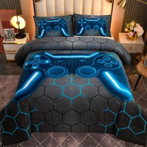 NTBED 5pcs Game Console Comforter Set for Boys Girls Kids 3D Gaming Geometric Bed in a Bag Lightweight Microfiber Gamer Bedding Sets (Blue, Twin)