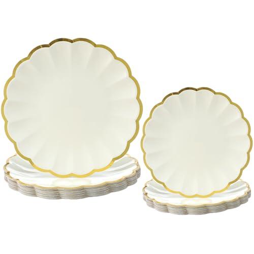 Newtay 60 Pcs Cream Scalloped and Gold Paper Plates 9.5 Inch and 7.5 Inch Shell Gold Edge Disposable Dinner Plates for Birthday Wedding Baby Shower Party Decorations (Cream, 2 Size)