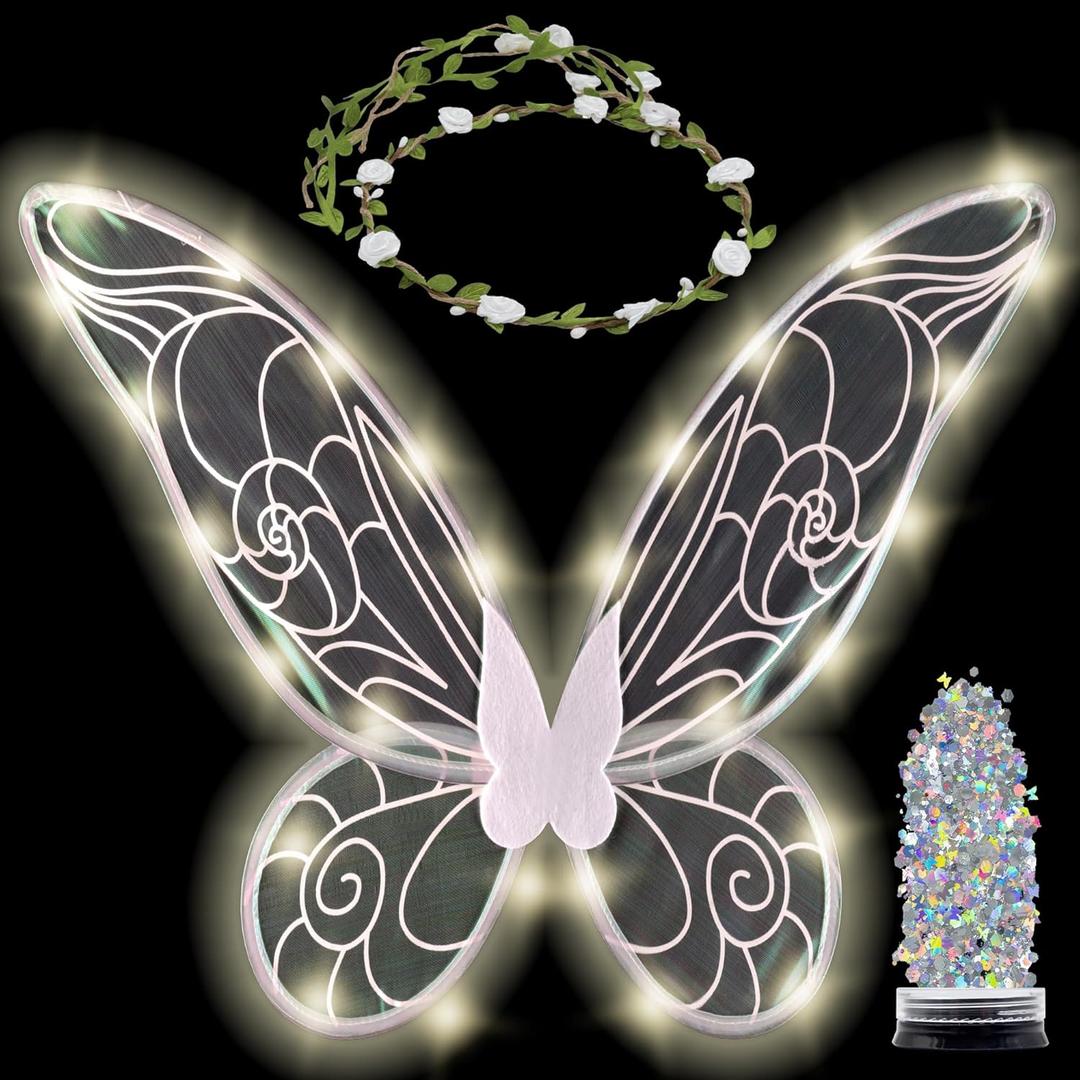 Funcredible Fairy Costume For Women and Girls - Light Up Fairy Wings and Flower Crown, Glitter - Butterfly Wings (White)