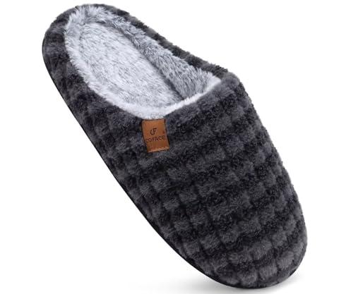 COFACE Womens Cozy Memory Foam Scuff Slippers Ladies Fuzzy Warm Slip On House Shoes With Arch Support, Indoor Outdoor Rubber Sole, Fluff Black Size 6.5 M/8W