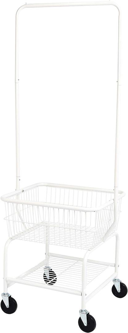 Amazon Basics Rectangular Laundry Hamper Basket Butler Cart with Wheels and Hanging Rack, Sturdy Metal, 71.1 inches Height, White