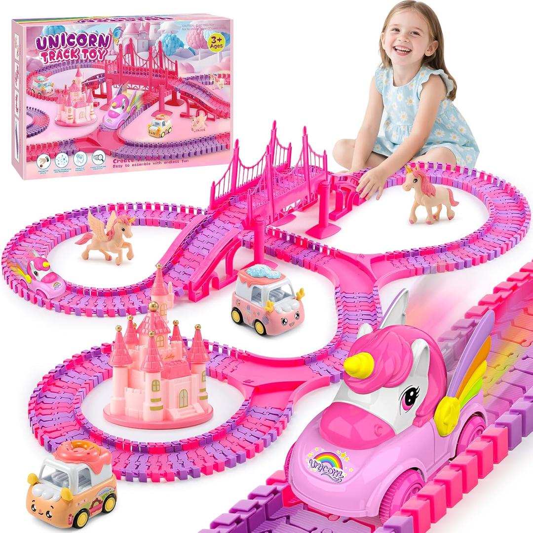 Unicorn Toys Car Track for Kids Girls 4-6: 232 PCS Unicorn Monster Truck Race Track with 2 Pull Back Cars Toys for 3 4 5 6 7 Year Old Girl Toddler Easter Birthday Gifts for Girl 3-5 6-8 (Pink)