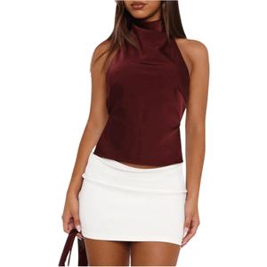 SOLY HUX Women's Satin Halter Backless Crop Top Sexy Sleeveless Tank Shirts Festival Party Clubwear (Plain Burgundy), L