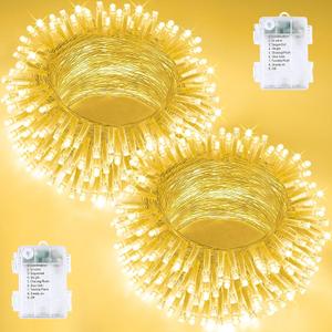 2 Pack String Lights Battery Operated with Timer, 66FT 200 LED Waterproof Battery Twinkle Lights, 8 Modes Fairy Light for Indoor & Outdoor Party Bedroom Porch Tree Christmas Decorations (Warm White)