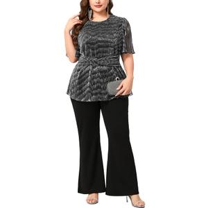 Sparkly Evening Party Pant Suits, Metallic Short Sleeve Top & Flare Pants 2 Piece Set Cocktail Outfits (XX-Large Plus, Black Sliver)