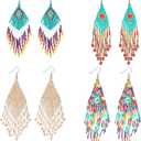 Tuanse 4 Pairs Long Beaded Tassel Earrings Colorful Handmade Seed Bead Statement Fringe Drop Dangle Earrings Boho Jewelry for Women Gifts in 4 Styles