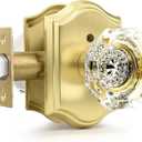 Transparent Glass Door Knobset Interior,Privacy Diamond Crystal Door Lockset in Satin Brass/Gold,Keyless for Interior Bath/Bed,Push Pin Button Inside Lock, 1 Pack