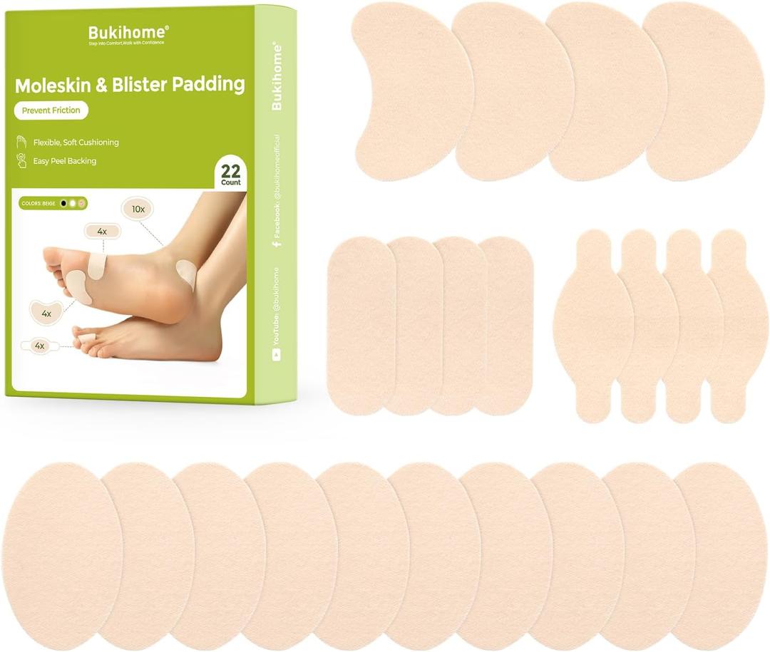 Bukihome Moleskin Adhesive Pads for Feet - Blister Prevention Tape - Moleskin Padding for Blisters, Shoes, Toes, Heel, Reduce Friction Pain - 11 Sheets of 4 Shapes (22 Pieces Total, Beige)