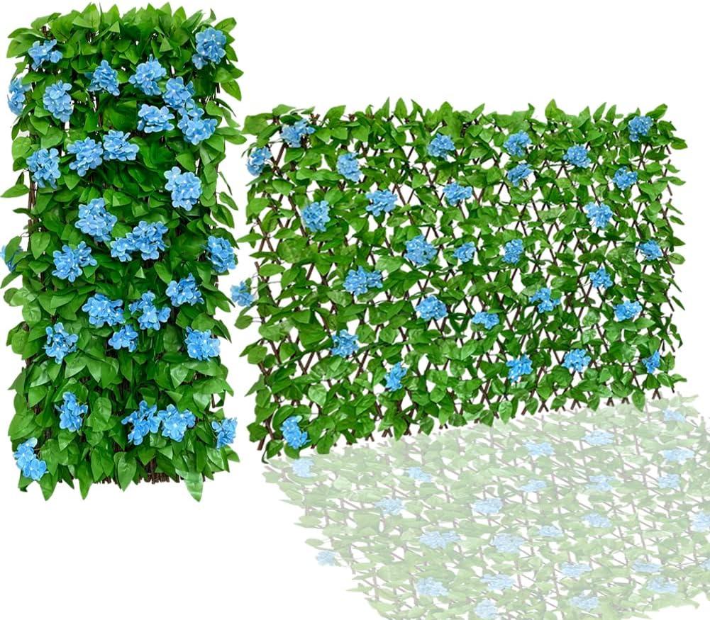 86 York Expandable Fence Privacy Screen Faux Ivy Decorative for Outdoor Garden Wall Patio Balcony, Artificial Hedge Lattice Fencing(Single Sided Leaves) (1, Hydrangea-Blue)