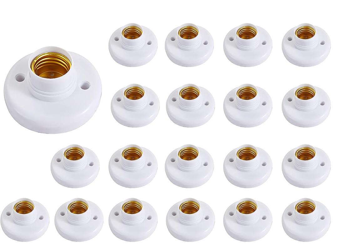 White E26 Medium LED Lamp Screw Base Plastic Base LED Holder Round 78mm Metal Desktop Lamp Socket for Closets Storage Areas Attics Basements Himalayan Salt Lamp DIY Crafts Physics Screw Type 20 Pack