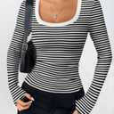 Zeagoo Women's Long Sleeve Scoop Neck Shirts Casual Slim Fit Rib Knit Tops Summer Fall Basic Business Work Tee (Black+white+stripes)