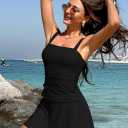 Pink Queen Women Tummy Control Two Piece Tankini Swimsuits with Skirt Vintage High Waisted Bathing Suits Push Up Swimdress (Black, L)