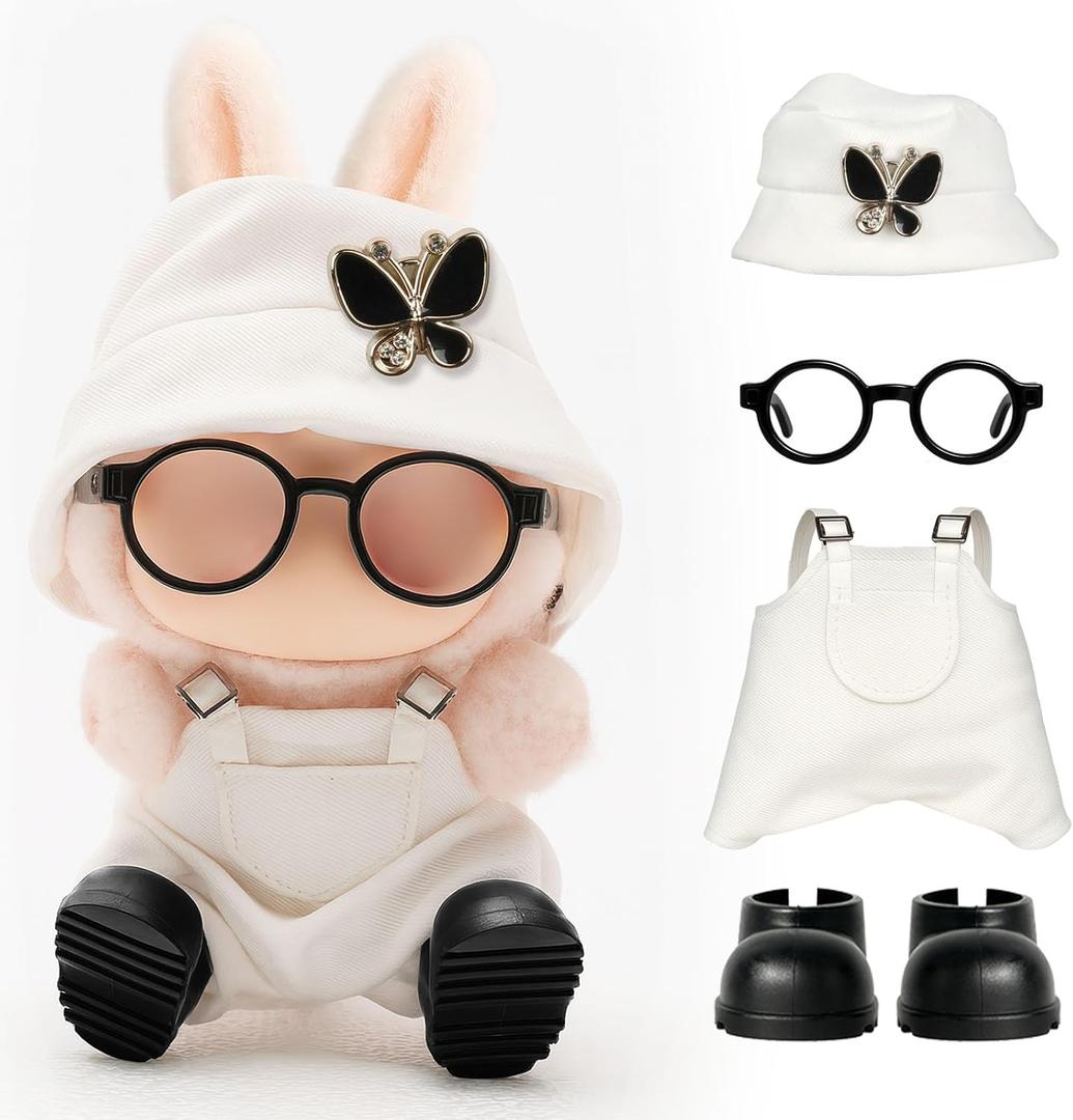 4pcs Dolls Outfit Set, Hat & Overalls for 17 cm Doll Clothes Accessories Suit, Stylish Clothes for Doll, Cute Outfits for Dress up Unique Style with Premium Fabric, White