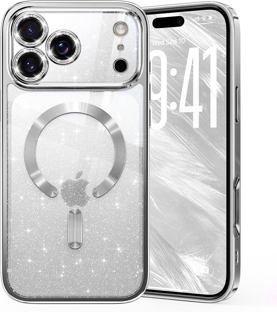 Glitter for iPhone 17 Pro Case with Eye-catching Integrated Lens Protection, [Sparkly Bling Back Panel] [Seamless Work with Magsafe] Cute Women Girly Magnetic Phone Case for iPhone 17 Pro 6.3" Silver