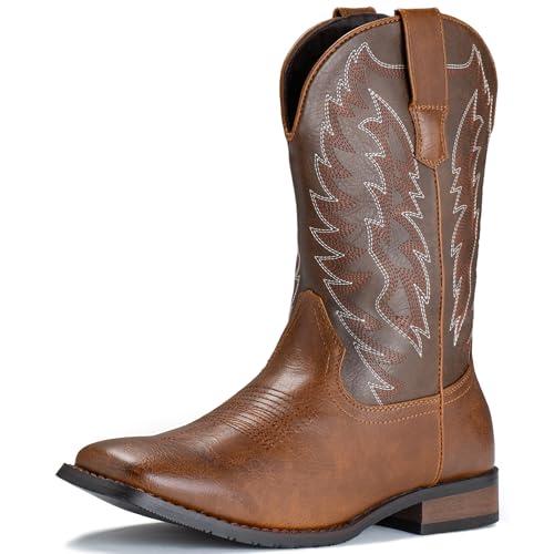 IUV Cowboy Boots For Men Wide Foot Square Toe Western Boots with Classic Embroidered Durable Slip on Boots Size 10.5 Dark Brown Color