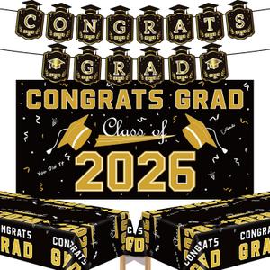 Graduation Decorations 2026 2027 - Black Gold Congrats Grad Banner Backdrop Tablecloth Set - Graduation Decorations Class of 2026 | Graduation Party Favors Supplies