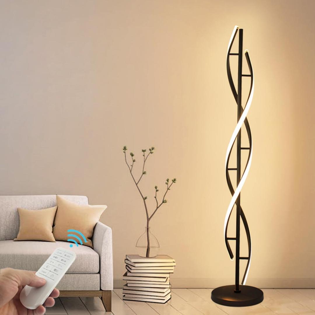 Modern Spiral Floor Lamps for Living Room, 40W LED Floor Lamp with Remote Control, 60 Inch 3 Color Temperatures & Dimmable Brightness Corner Standing Lamp Black Floor Lamp for Bedroom, Office