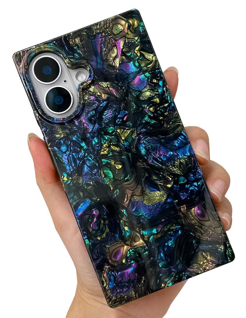 KERZZIL Elegent Girly Mother Shell Pearl Compatible with iPhone 16 6.1 inch Rectangle Edge Case, Chic Slim Colorful Abalone Pearl Soft TPU Silicone Protective Cases Cover(Abalone, 16)