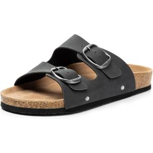 FITORY Womens Flat Sandals with Cork Footbed, Open Toe Slides Adjustable Slip On Slippers for Summer Black Size 9