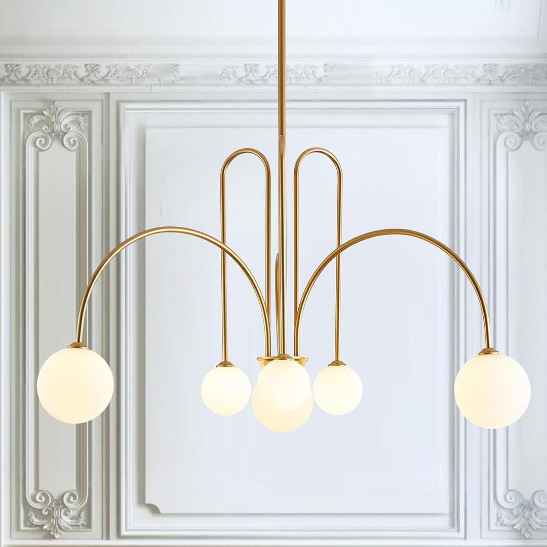 Gold Sputnik Chandelier,6 Lights Large Modern Chandelier L40Mid Century Long Ceiling Pendant Light Fixtures for Dining Room with Milk Glass Globe Shades for High Ceiling Foyer Living Room