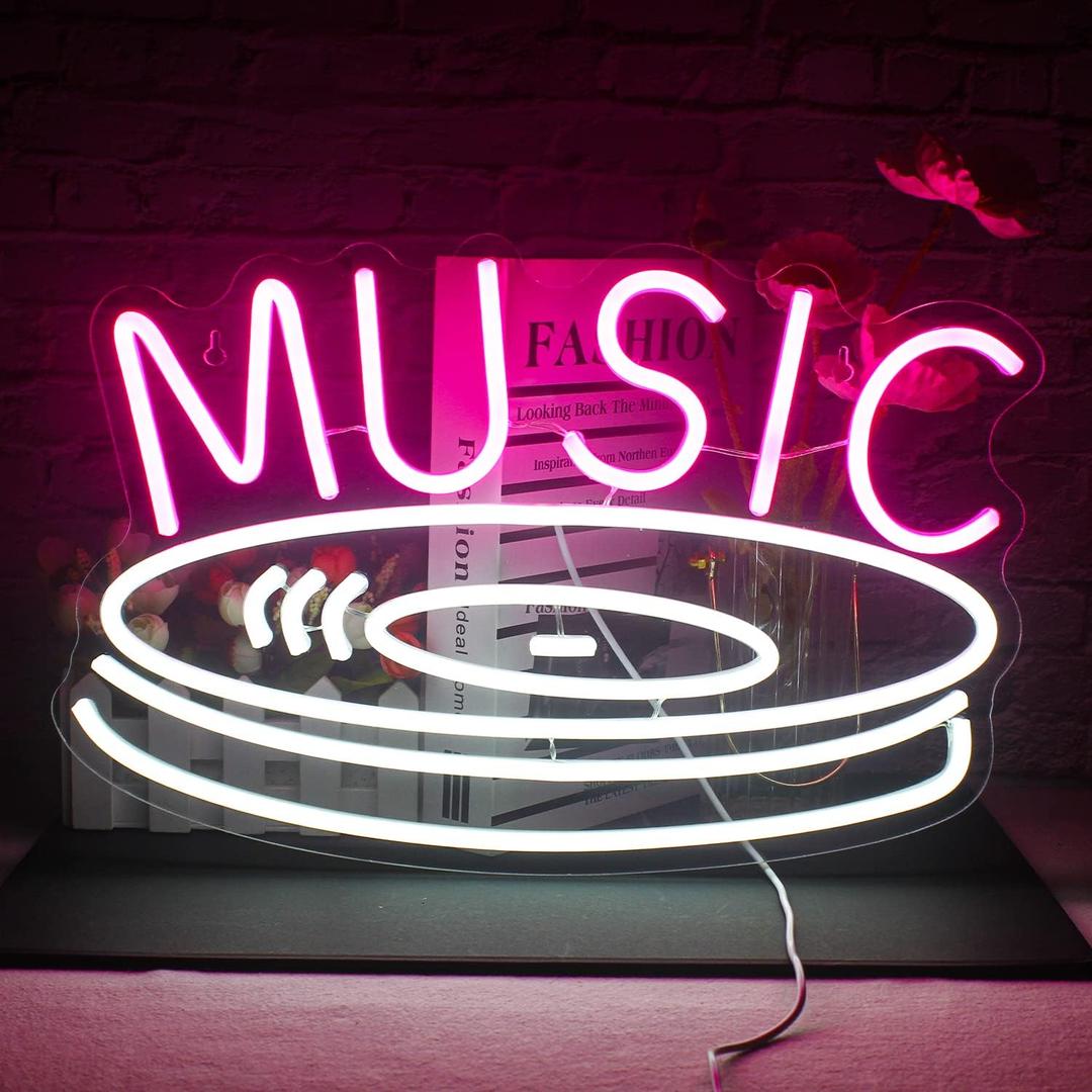 Music Record Neon Sign Pink White Led Neon Light Signs for Wall Decor Usb Light Up Signs for Bedroom Studio Music Live Record Store Kids Room Party Decoration