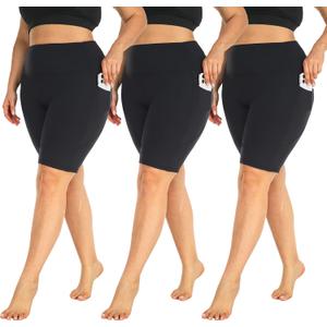 MOREFEEL 3 Pack Plus Size 8" Biker Shorts with Pockets for Women-High Waist Non-See Through Workout Black Yoga Short (XX-Large)