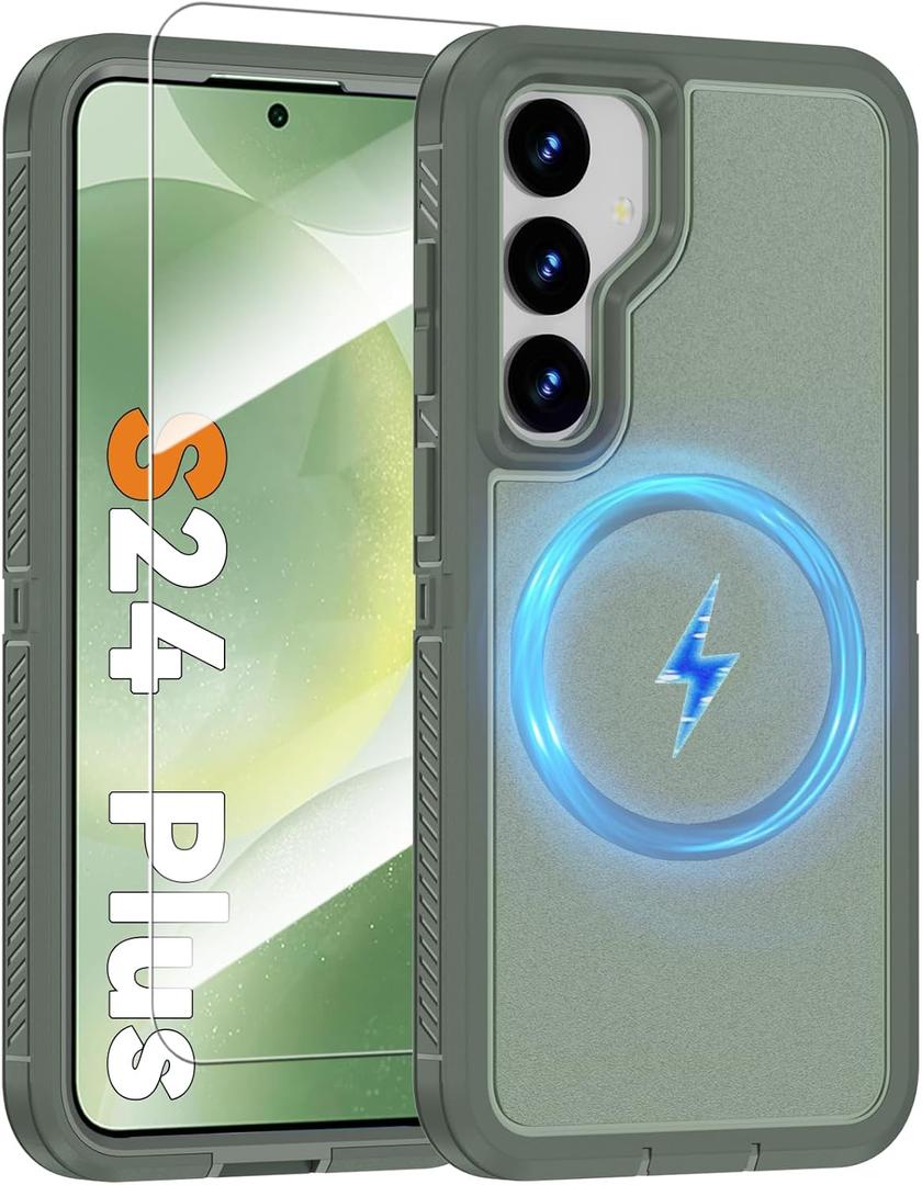 Magnetic Case for Samsung Galaxy S24+ Plus, [Compatible with Magsafe] [Glass Screen Protector] [Dual Layer Military-Grade Protection] Heavy Duty Shockproof Cover for Samsung S24 Plus 6.7 inch, Green