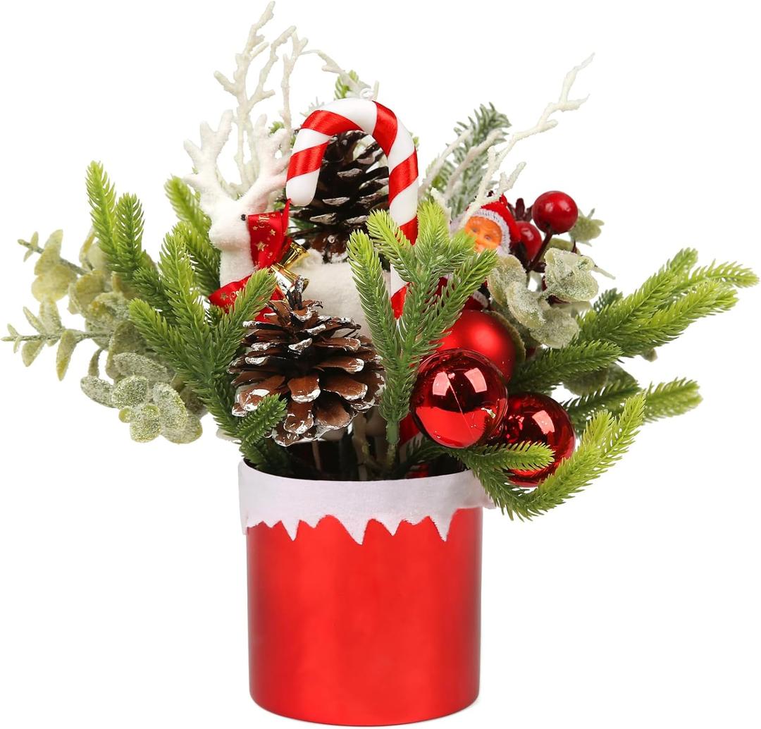 Mini Christmas Tree, Mini Tabletop Christmas Tree Decor for Desk Bedroom Office Home Small Christmas Decorations with Red Christmas Ball Santa Figure Pine Cones for Holiday
