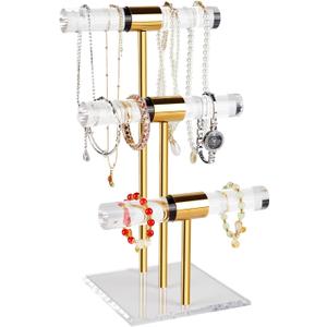 3-Tier Necklace Holder Bracelet Holder, Gold Acrylic Jewelry Display Stand Crystal T Bar Jewelry Organizer Gift for Women