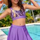 AIDEAONE Girls Swimsuit Two Piece Tankini Skirt Set with Boyshort Summer Beach Bathing Suit Size 6-14 (6-7 Years, Purple)