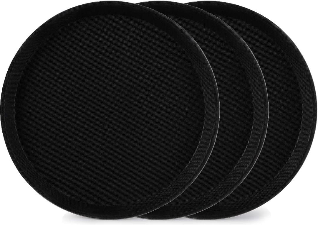 TOPZEA 3 Pack Restaurant Serving Trays, 11" Food Serving Tray Round Fiberglass Tray Non Slip Food Service Trays Platters for Restaurant, Parties, Breakfast, Cafe, Bar, Black