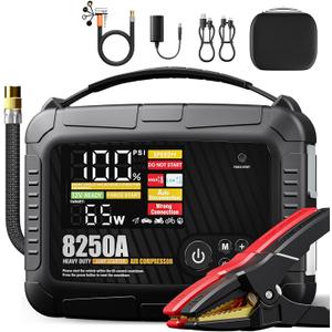 JFEGWO 8250A Heavy Duty Jump Starter with Air Compressor, 32000mAh 65W Fast Charging Portable Car Battery Booster Power Pack (for All Gas 12L Diesel), 150 PSI Tire Inflator, HD Display 12V Jump Box